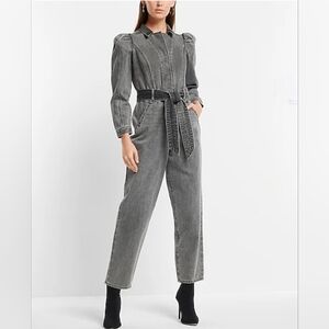 Express Puff Sleeve Tie Waist Gray Wash Denim Jumpsuit
